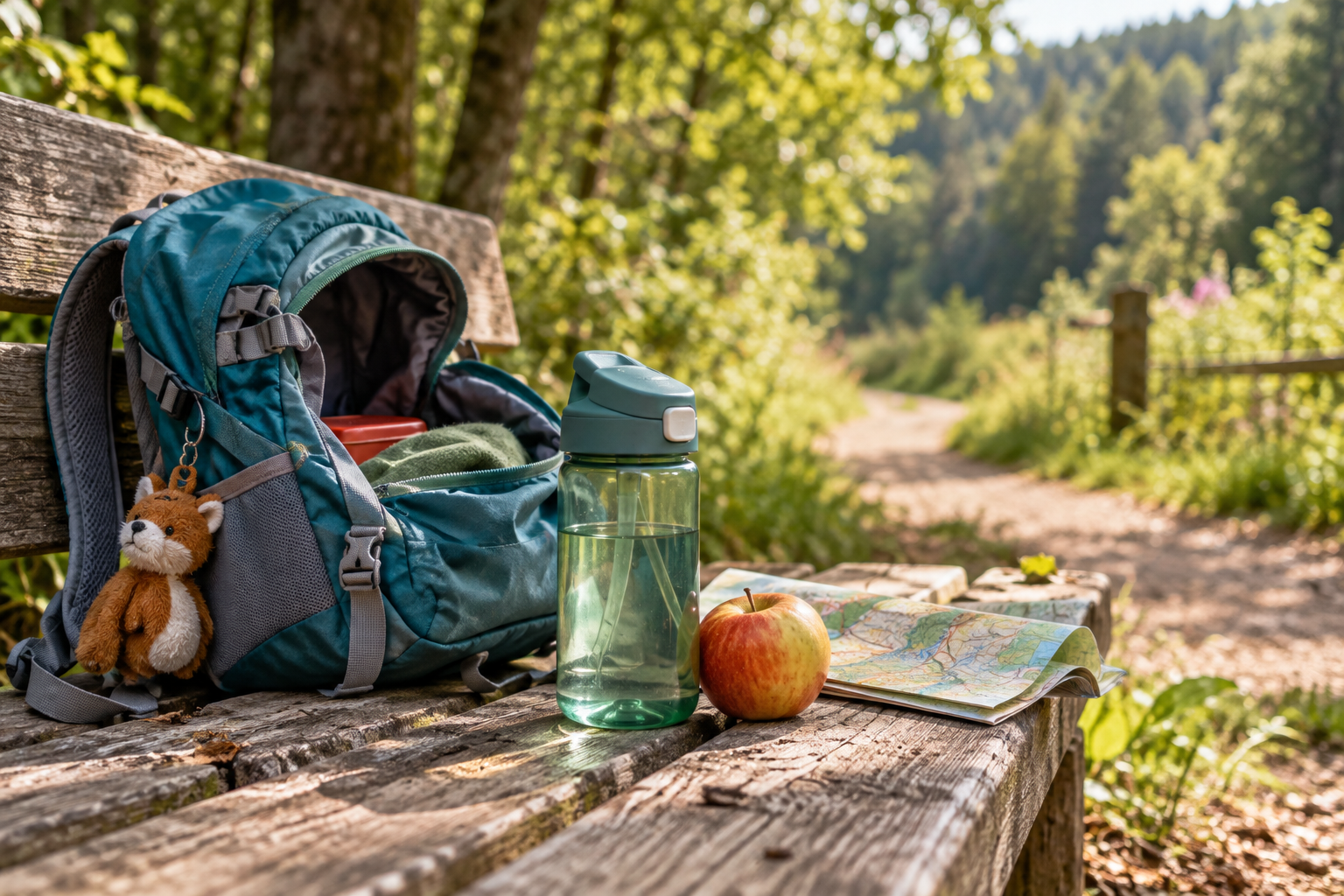 Kindertrinkflasche, kleiner Rucksack, Apfel und Karte auf einer verwitterten Holzbank an einem sonnigen Waldweg